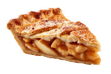 A delicious slice of apple pie with a flaky golden crust, isolated on white on transparent background