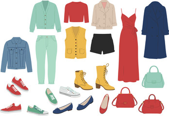 Colorful Women's Apparel and Accessories Collection, Diverse Fashion Outfits, Shoes, and Handbags, Trendy Wardrobe Elements for Seasonal Styling and Design Projects.