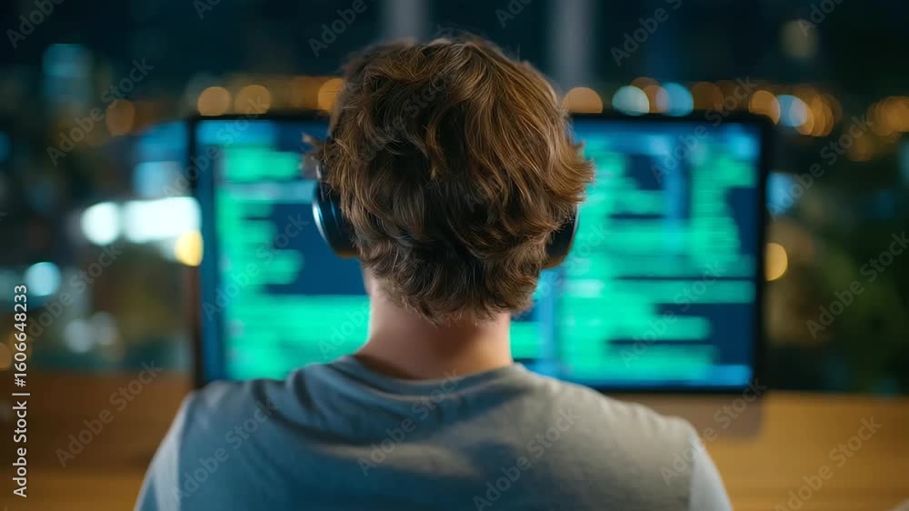 Poster a focused developer codes in a stylish loft office, wearing headphones and working with multiple ter