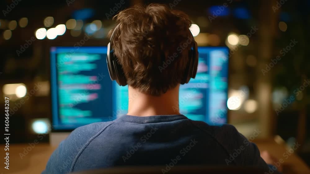 Poster software engineer working in a dimly lit loft, surrounded by terminal screens.