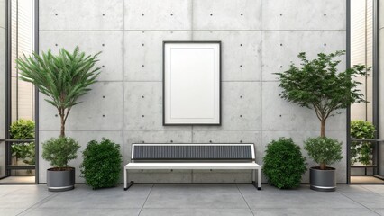 Concrete Wall with Vertical Frame Above Bench and Plants in Realistic Composition