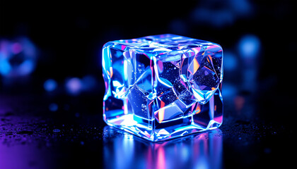 Single ice cube glowing with neon blue and pink lights on dark reflective surface