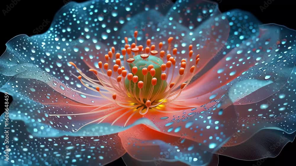 Poster vibrant flower with droplets illuminated by soft light in a dark background showcasing delicate deta