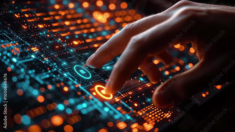 Poster digital interaction with a futuristic touch screen displaying glowing circuit patterns and icons at 