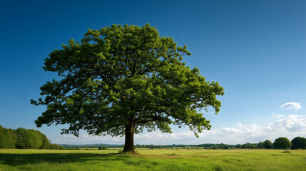 Fototapeta premium A conceptual image of a strong, mature tree. A single, large, strong, and healthy tree stands in the middle of a green field, symbolizing stability, long-term growth, and a secure financial future. 