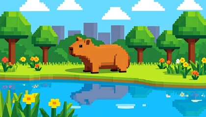 Pixel art capybara by a river in a park
