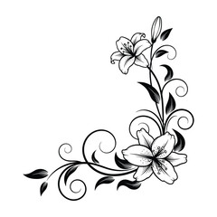 Elegant Floral Corner Ornament with Lilies, Black Lines, and Curled Stems Vector Illustration