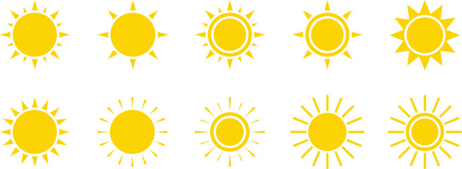 Diverse set of yellow sun icons with various ray styles. Flat vector sun symbols for weather, summer, and light concepts on white background.