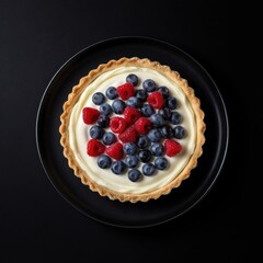 Delicious fruit tart with berries on a dark plate