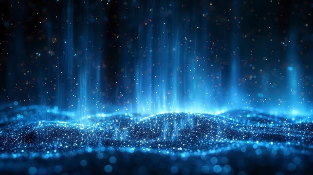 Glowing blue lights and particles create a wavy, dreamlike landscape with a soft, blurred background