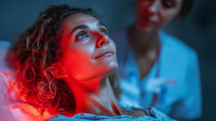 Patient undergoing MRI scan with supportive nurse nearby in medical facility