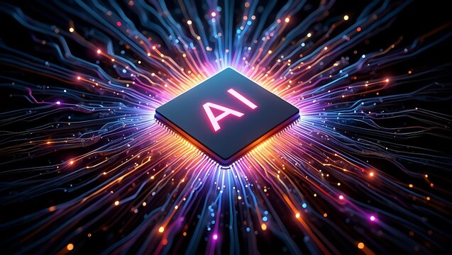 Glowing ai chip at the center of a neural network with bright energy bursts