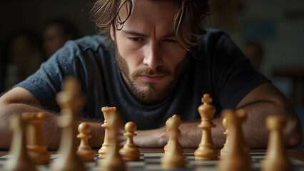 chess player deep in thought. focused expression in chess. ultra realistic chess photography. capturing concentration in chess games.