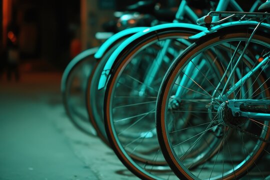 Close-up view of teal bicycles parked in a row.
