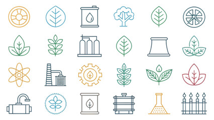 Collection of different textile dye plant line icons separated from each other with drum and pipe outlines blank background

