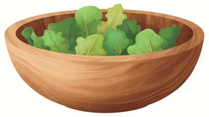 A digital illustration depicting a light brown wooden bowl filled with various types of fresh green leafy vegetables. The greens are depicted with a slight variation in shades of green, suggesting