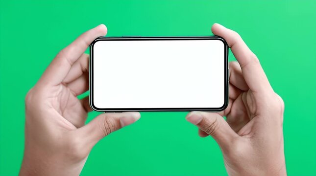 Green screen video of top view smartphone interaction, both thumbs placed on white blank display in landscape format