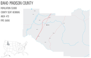 Fototapeta premium Large and detailed map of Madison County in Idaho, USA.