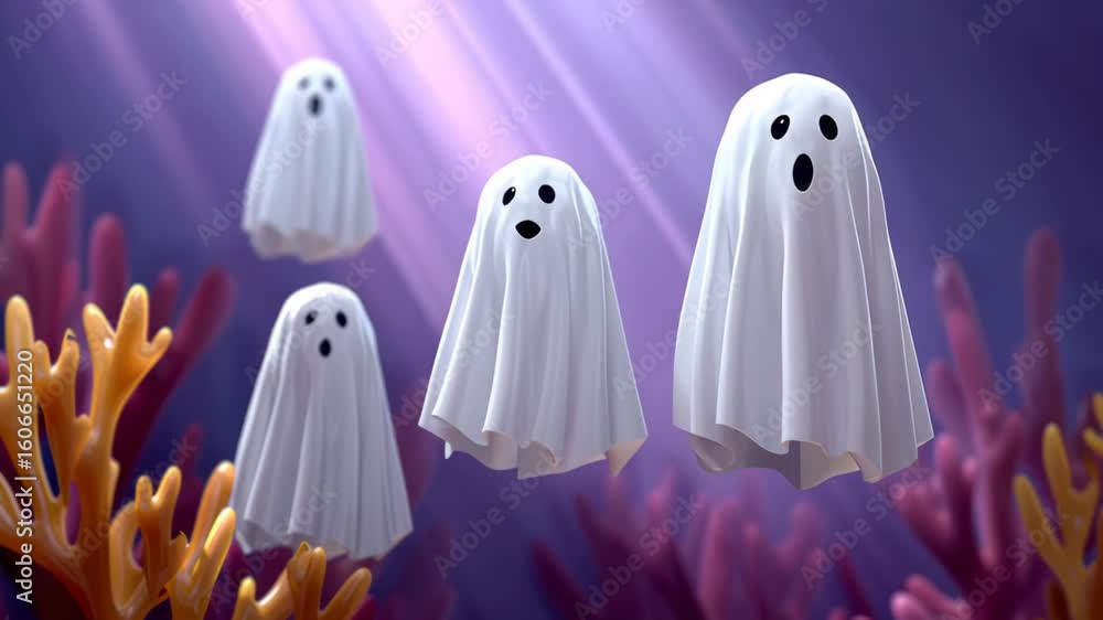 Poster playful ghost characters with white sheets floating in an underwater scene surrounded by colorful co