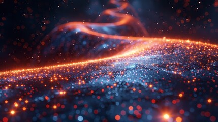 Obraz premium Abstract shimmering surface; orange and blue dots dance across a dark textured plane with blurred depth