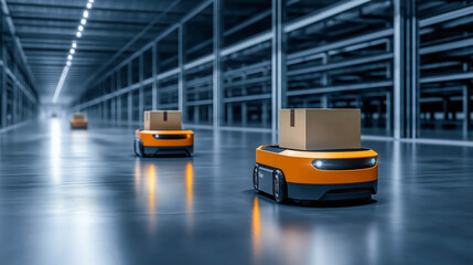 An industrial warehouse with delivery robots carrying boxes in the background, symbolizing an intelligent and eco-friendly futuristic logistics system for small businesses.