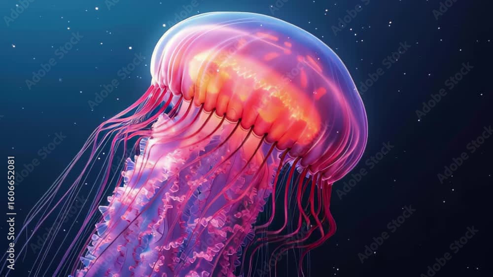 Poster colorful jellyfish gracefully floats through deep ocean waters with tentacles trailing and glowing i