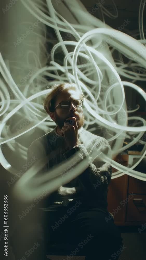 Aufkleber creative man deep in thought with abstract light design in background during evening session