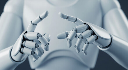 Both hands of a white AI robot gesturing to explain something