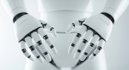 White background and both hands of white AI bot outstretched
