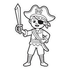 Cartoon pirate with eye patch holding sword line art image
