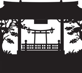 Fototapeta premium Classic black and white vector silhouette of a Japanese garden with lanterns on a white background. Modern flat design aesthetic, simple two-dimensional shapes, timeless and elegant.