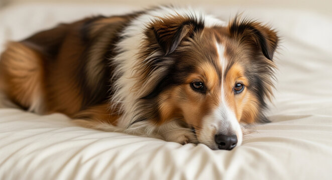 Shetland Sheepdog lying listlessly on a white bed