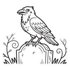 Outline drawing of a crow perched on a gravestone design
