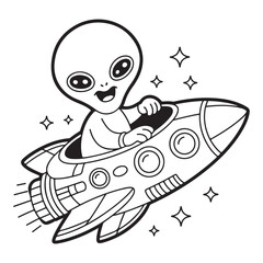 Cartoon alien flying in a rocket ship in black and white