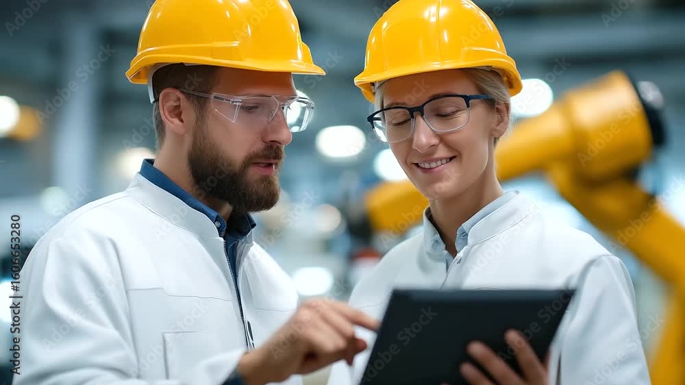 Poster team of engineers working together on a robotic arm in a cutting-edge factory setting.