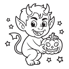 Cartoon devil holding a pumpkin surrounded by stars outline