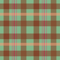 seamless plaid pattern pairs rich light green with brown and pink lines in a balanced grid. The high-contrast yet harmonious colors lend themselves to traditional garments, winter accessories.