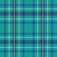 seamless plaid pattern showcases a vibrant turquoise base with bold navy blue and white intersecting stripes. The crisp and modern contrast makes it ideal for youthful clothing,dynamic digital design.