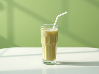 Fototapeta premium Refreshing Iced Matcha Latte in a Glass with White Straw on Green Background