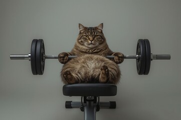 Overweight cat bench pressing; gym; grey background; humorous fitness
