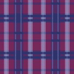 seamless plaid pattern pairs rich maroon with light pink and blue lines in a balanced grid. The high-contrast yet harmonious colors lend themselves to traditional garments, winter accessories.