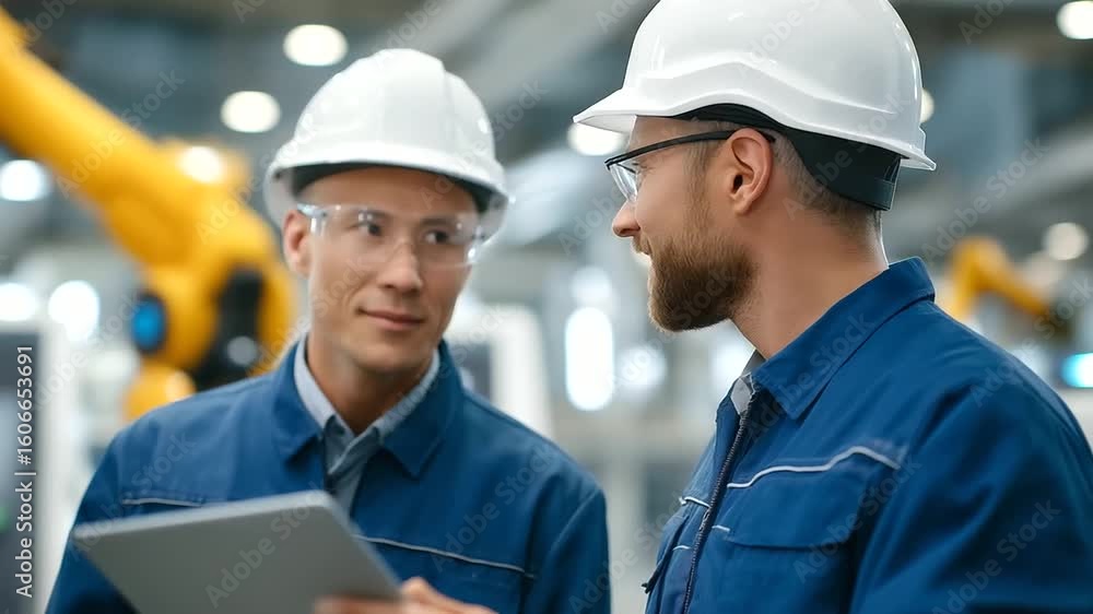 Poster engineers in protective eyewear analyze a robotic arm in a cutting-edge factory setting.