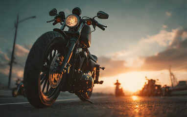 A motorcycle is in the foreground of a road with other motorcycles in the background. The sun is setting, casting a warm glow on the scene