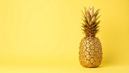 Golden Pineapple Standing Upright on Pastel Yellow Backdrop 
