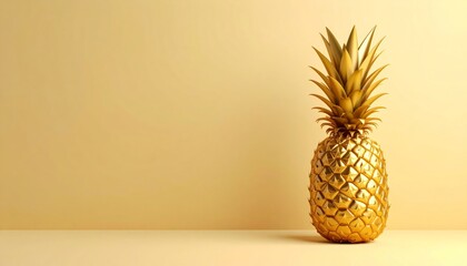 Golden Pineapple Standing Upright on Pastel Yellow Backdrop 

