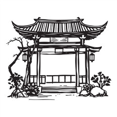 Color sketchnote style hand-drawn sketch of a Japanese garden silhouette, classic black and white vector style, with lanterns, on a white background, elegant and timeless.
