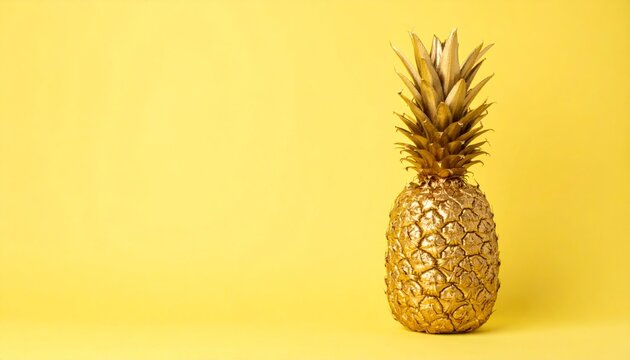 Golden Pineapple Standing Upright on Pastel Yellow Backdrop 
