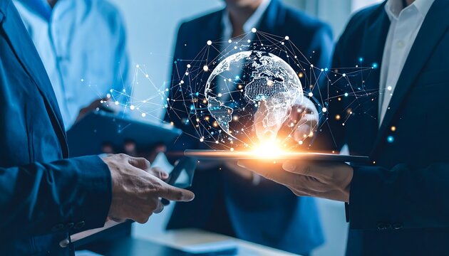 Business team collaborating, digital globe