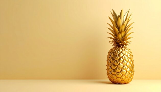 Golden Pineapple Standing Upright on Pastel Yellow Backdrop 
