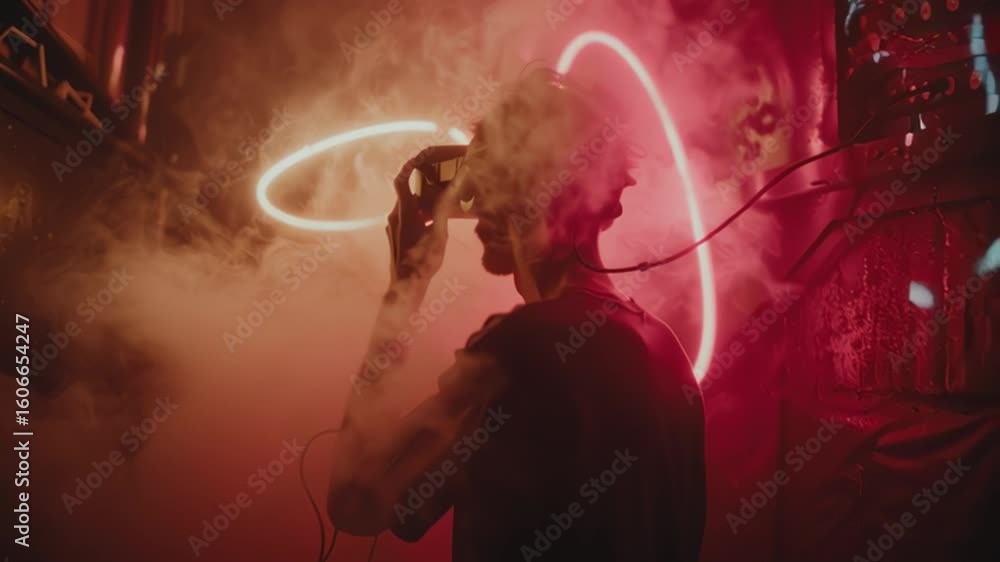 Poster exploring immersive virtual reality experiences in a neon-lit environment at a tech event